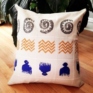 Hand printed decorative pillow, 20"X20", INCLUDES pillow insert. Traditional African symbols using trendy design colors - blue, grey, amber