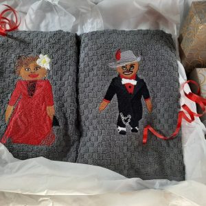 Gift boxed hand towel set, Decorative embroidered towels, African American, his hers towel, grey towels, guest towel, Bronzeville Babies